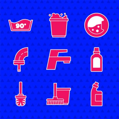 Su musluğu, süpürge ve kova temizleme aracı, tuvalet fırçası, temizleyici pencereler, çamaşır makinesi ve sıcaklık yıkama ikonu. Vektör