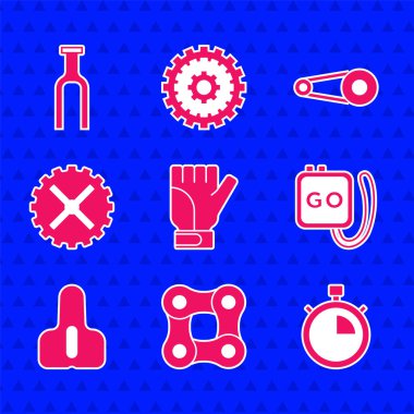 Eldiven, bisiklet zinciri, Kronometre, koltuk, dişli ve çatal ikonlu sproket kolu. Vektör