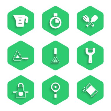 Barbekü spatulası, kızartma tavası, bir paket biber, sebze soyacağı, mutfak önlüğü, çapraz çatal, kaşık ve ölçü kabı ikonu. Vektör