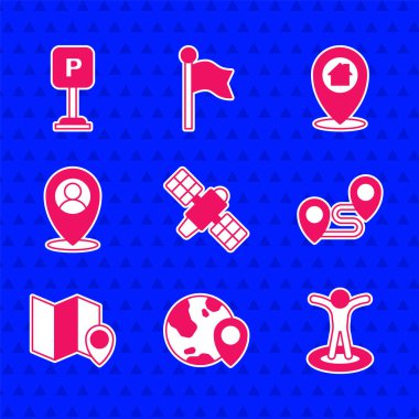 Uydu, dünya üzerindeki konum, kişi, rota konumu, katlanmış harita işareti, ev ve park simgesi ayarlayın. Vektör