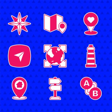 Pusula, trafik işareti, güzergah konumu, deniz feneri, konum, şehir haritası konumu, kalp ve rüzgar gül simgesi ile dünya küresi ayarlayın. Vektör