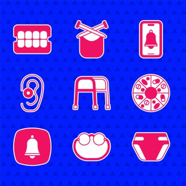 Set Walker, gözlük, yetişkin bezi, vitamin hapı, acil durum telefonu, işitme cihazı ve sahte çene simgesi. Vektör