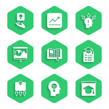 Set Reading Book, Ampullü İnsan, Çevrimiçi eğitim, Kilo kaybı, Chalkboard şeması, Proje ekibi tabanı ve Aydınlık ikonu. Vektör