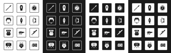 Set Kompas, Menselijke doelsport voor schieten, Militaire helm, Middeleeuwse speer, Messing knokkels, Coffin met kruis, Onderzeeër en Hiking rugzak pictogram. Vector — Stockvector