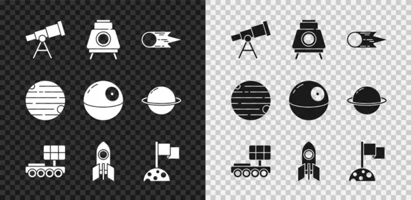 Set Telescope, Mars rover, Comet caindo rápido, Rocket ship, Moon com bandeira, Planet and Death star icon. Vetor — Vetor de Stock