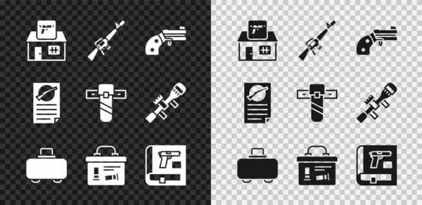 Set Jakt butik vapen, M16A1 gevär, Liten pistol revolver, Vapenväska, Militär ammunition box, Bok med pistol eller, Skjutvapen licens certifikat och kniv hölster ikon. Vektor — Stock vektor