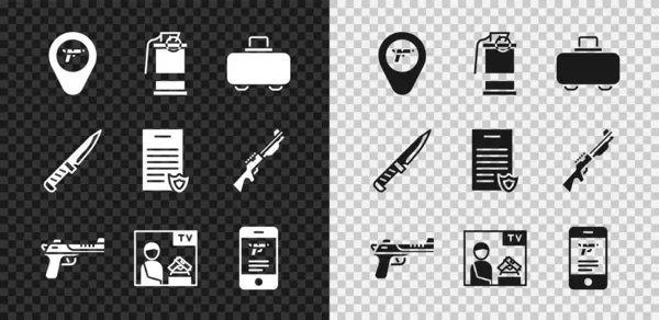 Set Location with weapon, Hand smoke grenade, Weapon case, Desert eagle gun, Advertising, Shop mobile app, Military knife and Firearms license icon. Вектор — стоковый вектор