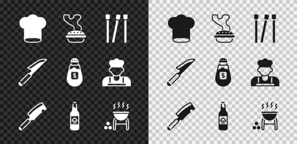 Set Chef hat, Tarta casera, Partidos, Picador de carne, Botella de cerveza, Parrilla para barbacoa, Cuchillo y Sal icono. Vector — Archivo Imágenes Vectoriales