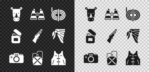 Set neushoorn, verrekijker, klimtouw, fotocamera, kantelwaterfles, jachtjas, lichter en pistool icoon. Vector — Stockvector