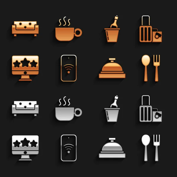 Wi-fi 무선 , Suitcase, Fork and spotine, Hotel service bell, Five stars rating review, Chapaint bucket, Sofa, Coffee cup icon 으로 모바일을 설정 한다. Vector — 스톡 벡터