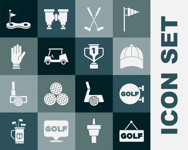 Комплект Golf, спортивный клуб, бейсболка, гольф, автомобиль, перчатка, дырка с флагом и значок Кубка. Вектор — стоковый вектор