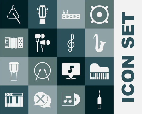 Комплект Audio jack, рояль, саксофон для музыкальных инструментов, микрофон, наушники Air, Accord, треугольник и иконка Treble clef. Вектор — стоковый вектор