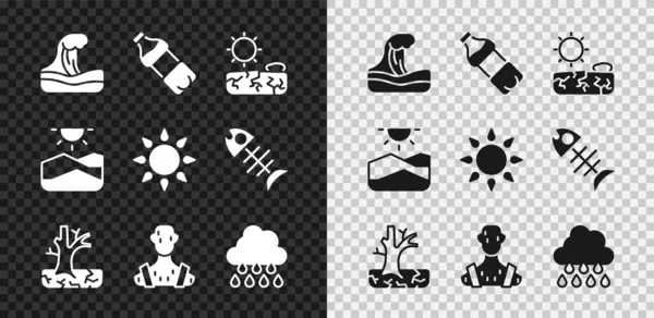 Set Tsunami, Bottle of water, Drought, Withered tree, High human body temperature, Cloud with rain, and Sun icon. Vector — Stock Vector