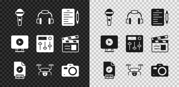 Set Microphone, Headphones, Scenario, MP4 file document, Drone flying, Photo camera, Online play video and Sound mixer controller icon. Vector — Stock Vector