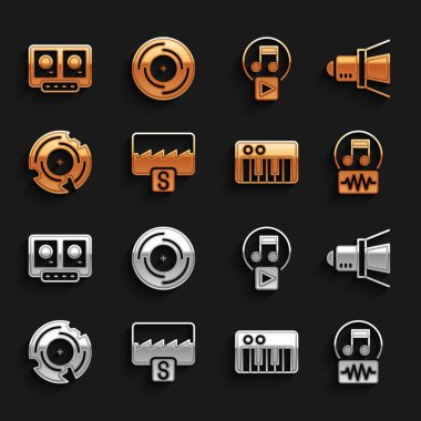 Müzik dalgası eşitleyicisini, spot ışıklarını, notayı, tonu, sentezleyiciyi, vinil diski, Play square 'i, DJ uzaktan kumandasını ve karışık müzik ve simgeyi ayarla. Vektör