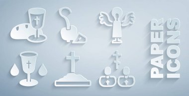 Mezarı haçla, melekle, Hıristiyan kadehiyle, rahiple, sihirli değnekle, kadehle ve ekmek ikonuyla süsleyin. Vektör