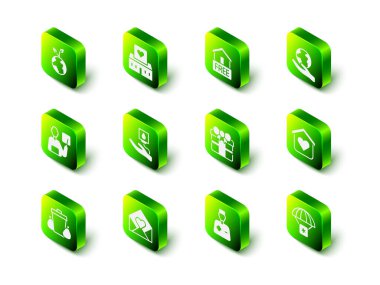 Gönüllü merkezi, ücretsiz ev teslimatı, Dünya küresi, evsizler için barınak, insani yardım, hediye kutusu, erkek doktor ve sevgililer günü kalp ikonu olan zarf. Vektör