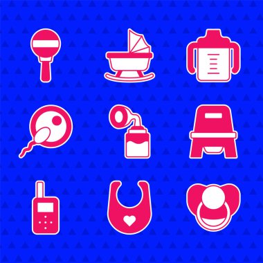 Göğüs pompası, bebek önlüğü, emzik, tuvalet telsizi, telsiz telsizi, sperm, şişe ve oyuncak bebek ikonu. Vektör