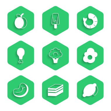 Brokoli, kek dilimi, Lemon, omlet, biftek, tavuk bacağı, karides ve erik suyu ikonu. Vektör