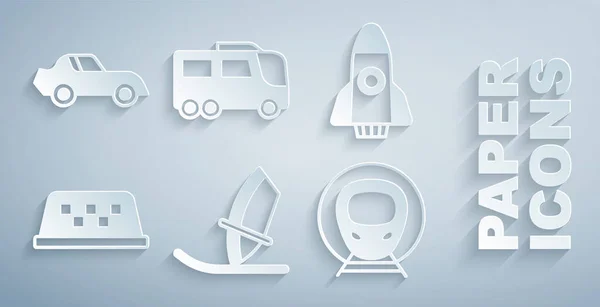 Windsurfing, Roket Gemisi, Taksi Araba Çatı, Tren ve Demiryolu, Otobüs ve Araba ikonu ayarlayın. Vektör — Stok Vektör