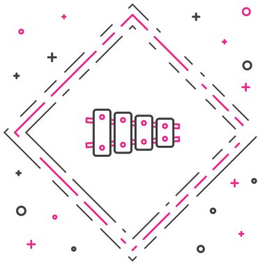 Hat Ksilofon - 13 tahta çubuklu müzik aleti ve beyaz arka planda iki perküsyon tokmağı ikonu. Renkli taslak konsepti. Vektör