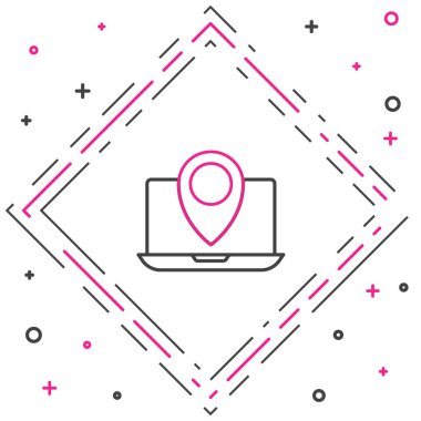 Beyaz arkaplanda konum imleci simgesine sahip dizüstü bilgisayar. Renkli taslak konsepti. Vektör