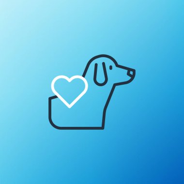 Mavi arka planda köpek ikonu olan Line Heart. Yüreğindeki evcil hayvan pençesi. Hayvanlara sevgiler. Renkli taslak konsepti. Vektör