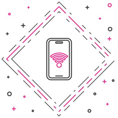 Beyaz arkaplanda ücretsiz kablosuz bağlantı ikonuna sahip çizgi akıllı telefonu izole edildi. Kablosuz teknoloji, kablosuz bağlantı, kablosuz ağ. Renkli taslak konsepti. Vektör