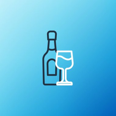 Mavi arka planda cam ikon olan çizgi şarap şişesi. Renkli taslak konsepti. Vektör