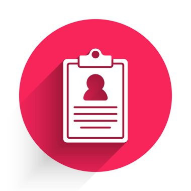 Uzun gölgeli, klinik kayıt simgesine sahip beyaz tıbbi pano. Reçete, tıbbi kontrol işaretleri raporu. Kırmızı daire düğmesi. Vektör.