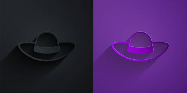 Kağıt kesiği, mor arka planda siyah üzerine izole edilmiş zarif kadın şapka ikonu. Kağıt sanatı tarzı. Vektör.