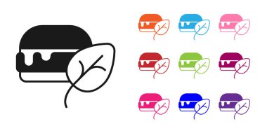 Siyah Vejetaryen diyet ikonu siyah arkaplanı izole etti. Organik, biyolojik, ekolojik sembol. Vejetaryen, et yok, laktozsuz, sağlıklı, taze ve şiddet içermeyen yiyecekler. Simgeleri renklendirin. Vektör.