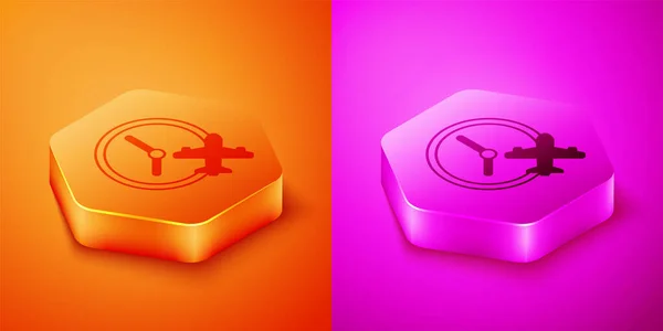 Isometric Clock Airplane Icon Isolated Orange Pink Background Designation Time — Stock Vector
