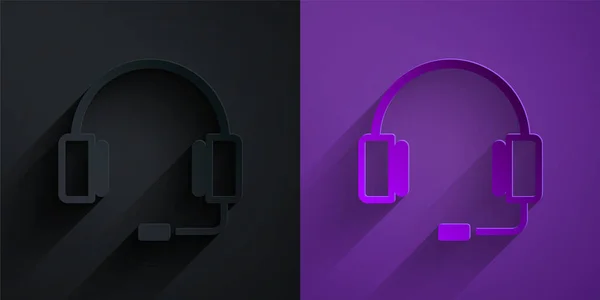 Icono Auriculares Corte Papel Aislado Negro Sobre Fondo Púrpura Auriculares — Vector de stock