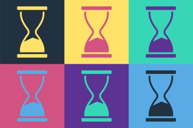 Pop sanatı. Eski kum saati. Renkli arka planda kum ikonu var. Kum saati işareti. İş ve zaman yönetimi kavramı. Vektör