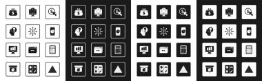İmleç ve madeni para, dolar, paylaşım, ağ, soru işareti, cüzdan doları, cep telefonu grafiği şeması, bilgisayar monitörü, hesap makinesi ve monitör simgesi ile insan kafası ayarlayın. Vektör