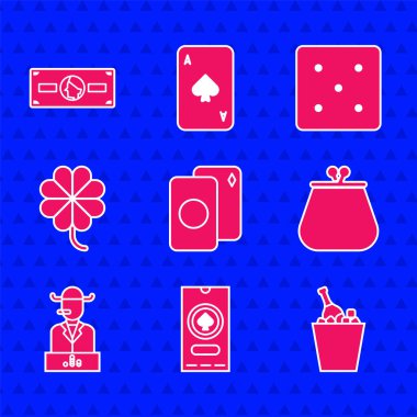 İskambil kağıtları, kumarhane poker turnuvası davetiyesi şampanya bir buz kovası, cüzdan, poker makinesi yoncalı kumar makinesi ve kağıt para ikonu. Vektör