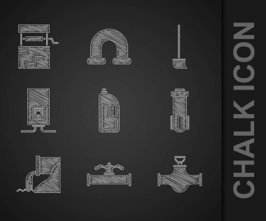 Kanalizasyon temizleyicisi, sanayi borusu ve vanası, su filtresi, atık su, gaz kazanında yanan ateş, paspas ve kuyu ikonu olan bir kap hazırla. Vektör