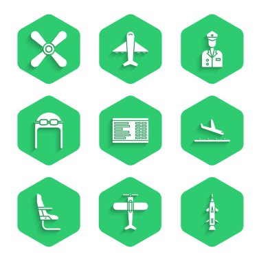 Havaalanı tahtası, uçak, roket, iniş, uçak koltuğu, gözlüklü havacı şapkası, pilot ve pervane simgesini ayarla. Vektör