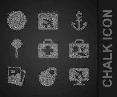 Set First aid kit, Location on the globe, Speech bubble with airplane, Suitcase, Photo, Lollipop, Anchor and Beach ball icon. Vector vector