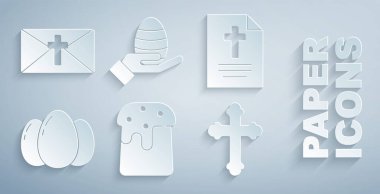 Paskalya pastası, Happy 'li tebrik kartı, yumurta, Hıristiyan haçı, insan eli, Paskalya ve ikon. Vektör