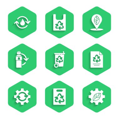 Geri dönüşüm kutusunu geri dönüşüm, kağıt torba, yapraklı bitki teçhizatı makinesi, dişli ve okları iş akışı, geri dönüşüm plastik şişesi, konum yaprağı ve temiz su simgesi olarak ayarla. Vektör