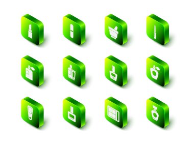 Tırnak törpüsü, havan topu, parfüm, cila şişesi, göz farı paleti ve ikon. Vektör