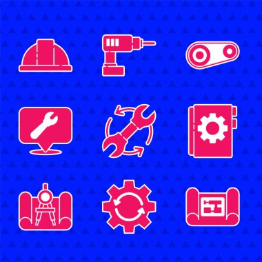 Wrench ve okları iş akışı, Gear, Ev Planı, Kullanıcı Kılavuzu, Graphing kağıt pusula, anahtar anahtarlı konum, zaman ayarlı kemer kiti ve İşçi kaskı simgesi olarak ayarla. Vektör