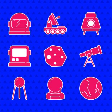 Asteroid, astronot miğferi, Dünya küresi, Teleskop, Uydu, Mars gezgini ve ikonu ayarlayın. Vektör