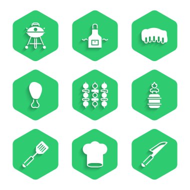 Izgara şiş kebap, şef şapkası, bıçak, kamp gaz ocağı, Spatula, tavuk bacağı, domuz pirzolası ve ızgara ikonu. Vektör