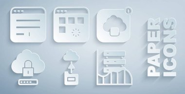 Bulut teknolojisi veri transferini, bilgisayar kilidini, Sunucu, Data, Web Sunuculuğu, Yükleme penceresi ve Tarayıcı simgesini ayarla. Vektör