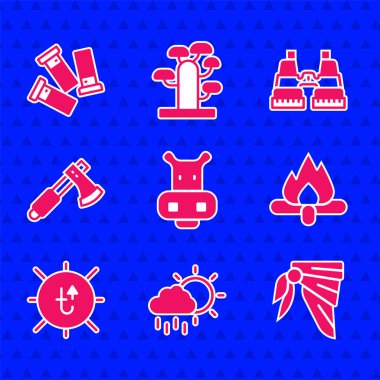 Hippo veya Hippopotam, Yağmurlu Bulut, Bandana motorcu eşarbı, Kamp ateşi, Güneş, Tahta balta, Dürbün ve Kartuş simgesi. Vektör