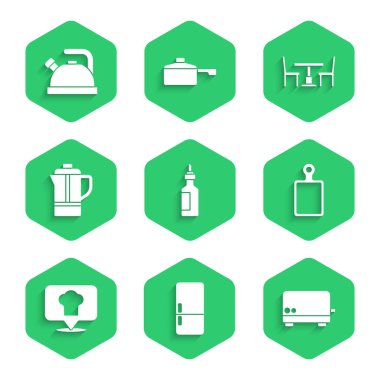 Bir şişe zeytinyağı, buzdolabı, tost makinesi, kesme tahtası, konumu olan şef şapkası, çaydanlık, tahta masa sandalyesi ve kettle sapı ikonu. Vektör