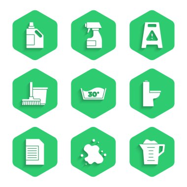 Sıcaklık temizleme, su dökülmesi, çamaşır tozu, klozet, çamaşır deterjanı, paspas ve kova, temizlik maddesi ikonu için ıslak zemin ve şişe ayarlayın. Vektör